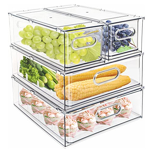 4 Pack Stackable Refrigerator Organizer Bins Pull-out D...