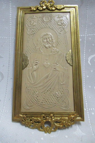 Antiguo Retablo Galalite Cuadrito Sagr.corazón Jesús Bronce