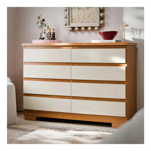 Cômoda 8 Gavetas Para Quarto Grande Com Pés Gaveteiro Organizador De Roupas Grécia Cor Nature Off