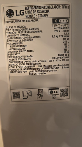 Refrigeradora LG Top Freezer Gt24bpp Inverter 241l Plt. (Usado)