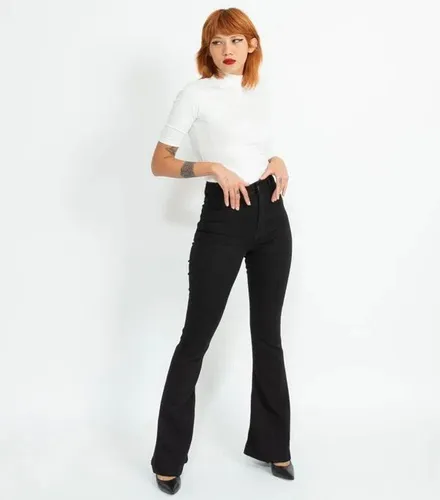 Calca Flare Preta Lisa Cintura Alta Lady Rock