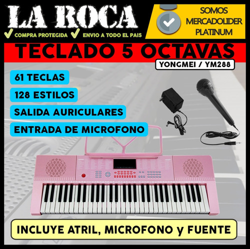Imagen 3 de 10 de Teclado Musical Piano 61 Teclas 5 Octavas Microfono Atril
