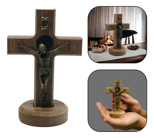 Crucifixo Cruz Mesa Parede Medalha São Bento Madeira 12cm