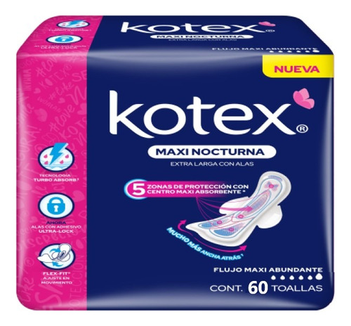 Toallas Femeninas Kotex Maxi Nocturna Con Alas 60 Piezas