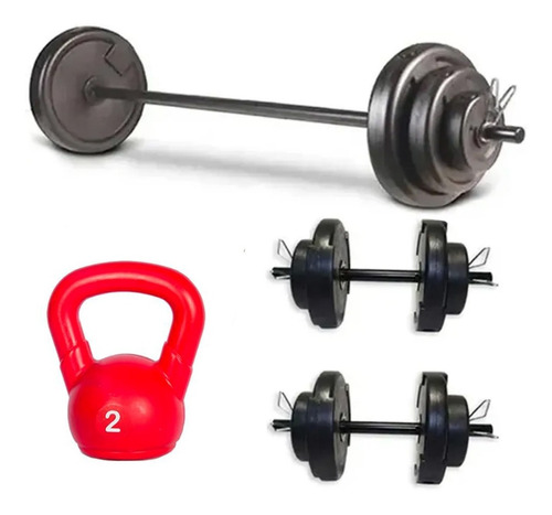 Barra + 2 Mancuernas + 24 Kg Discos + Regalo Kit Set En3x