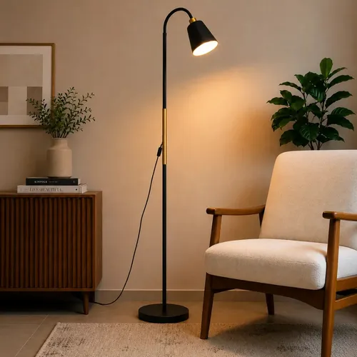 Luminaria Abajur Metal Articulada Pedestal Chao Coluna Leitura Cupula Preto Flexivel 16m 110v 220v Bravvi
