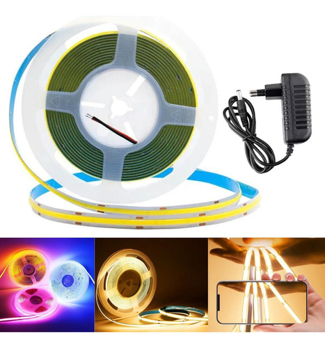 Fita Led Cob Smd Linear 5m 12v Flexível 320 Leds/m Com Fonte