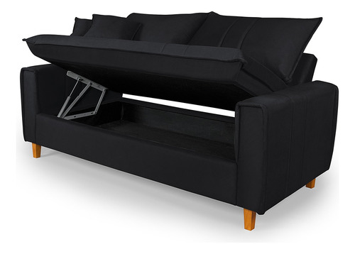 Sofa Living 195cm 3 Lugares Com Bau Tecido Suede Pes Madeira Cor Preto