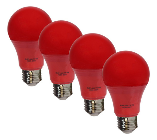 Kit 4 Lâmpada Bulbo Led 7w A60 Colorida Decorativa E27 Biv Cor Da Luz Vermelho