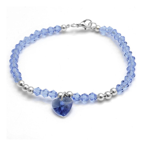 Pulsera Cristal Azul Bolitas Y Corazón 19cm De Acero Blanco 