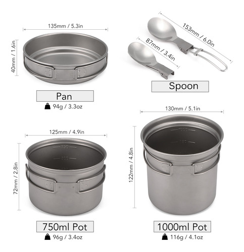 Conjunto De Utensílios De Campismo 1000 Ml 750 Ml E Colher D