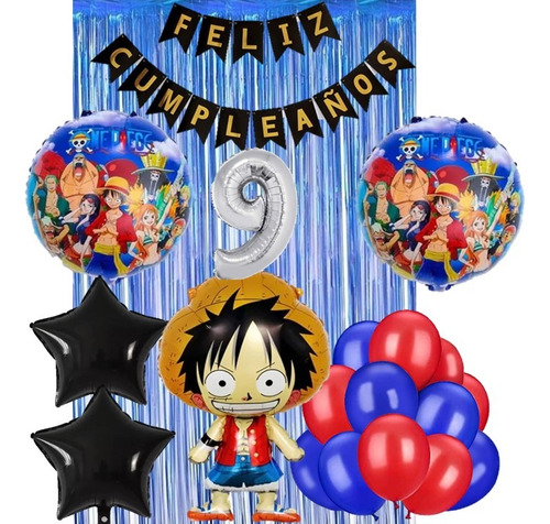Kit Decoracion One Peace Globos+cortina+banderin Azul Y Rojo