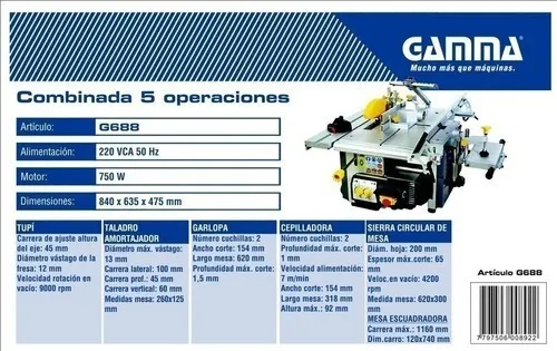 Maquina Combinada Carpintería 5 Funciones Madera Gamma G888