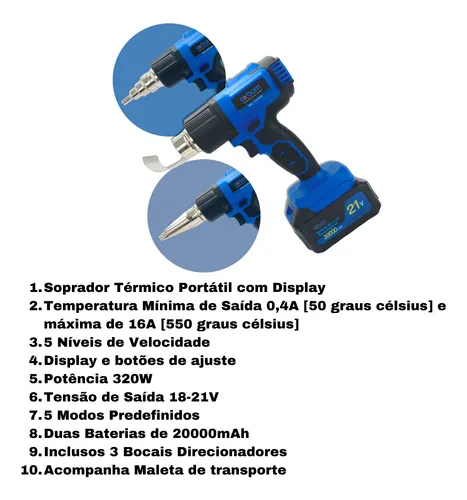 Pistola Soprador Termico Portatil 21v + 3 Bocais De Metal