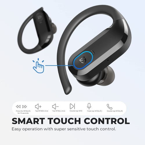 Auriculares Inalámbricos Deportivos S5 Soundpeats Negro - Bluetooth 5.0, Aletas de sujeción, Control táctil, 20 horas de carga en estuche, Impermeabilidad IPX7