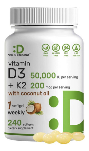 Suplemento Deal Vitamina D3 50.000 Ui + K2 Mk7 200 Mcg, 240