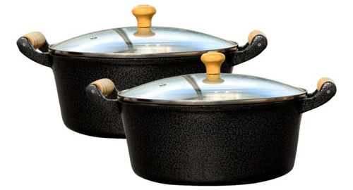 Kit 2 Caçarolas Alumínio Preto 14 E 16 Cm Com Tampa Vidro
