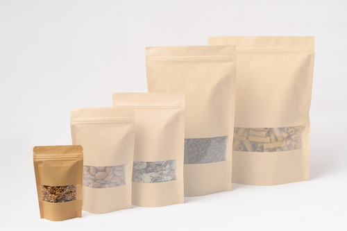 Imagen 3 de 6 de 100 Bolsa Stand Up Pouch Con Cierre Kraft Ventana De 70 Grs