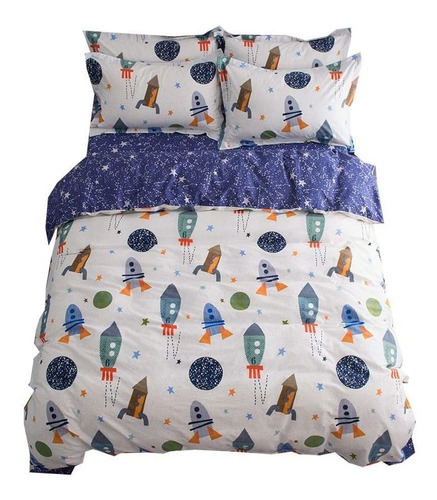 Space Rocket Print Boys Funda Nórdica Algodón Doble B...