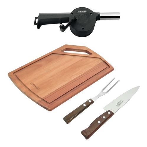 Kit Asado Churrasco Con Tabla, Cuchillo Y Trinche + Soplador