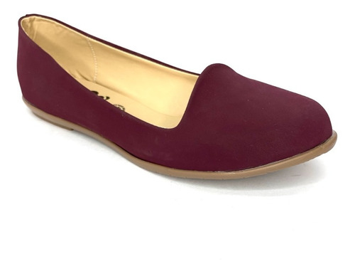 Zapatos De Piso Punta Redonda Mujer Tinto Piel Durazno Flats