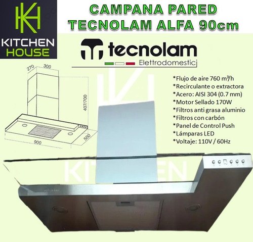 Campana Pared Tecnolam Alfa 90cm Acero