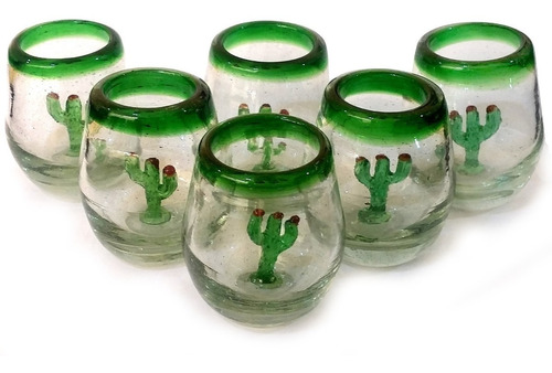 Set 6 Tequileros Barril -vidrio Soplado Borde Verde Y Cactus