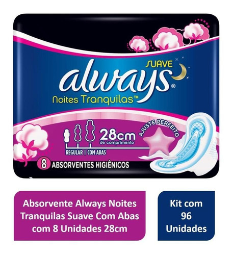 Kit Absorvente Always C/ Abas Noturno 28cm - Pack C/ 96 Unid