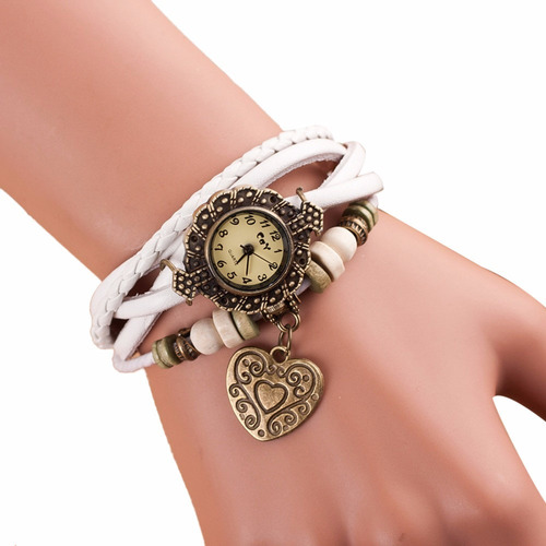 Relogio Feminino Vintage Pulseira Pingente Coração Delicado