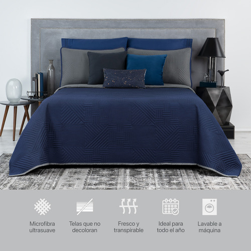 Edredón Ligero Doble Vista Real Textil + 2 Fundas De Almohada, Juego De Colcha Queen Size, Color Azul Marino - Gris Oscuro Azul Marino - Gris Oscuro Liso