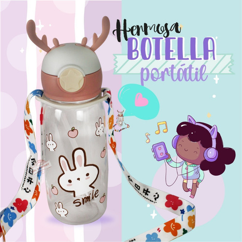 Imagen 6 de 9 de Botella De Agua Kawaii 600 Ml Crossbody Animalitos 600180