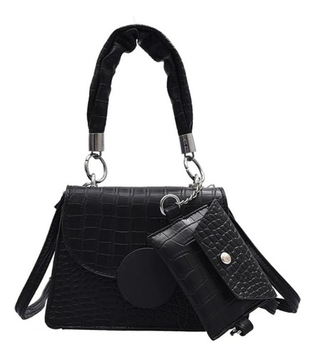 Cartera Mini Bag Croco Mujer Importada Con Monedero Negro Croco Plateado