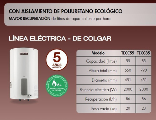 Termotanque Electrico Sherman Rheem 55 Lts De Colgar Tecc55