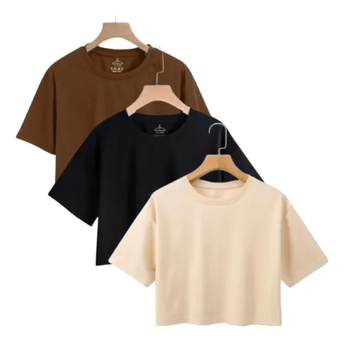 Kit 3 Cropped Feminino Oversized Academia Malha Premium 100% Algodão