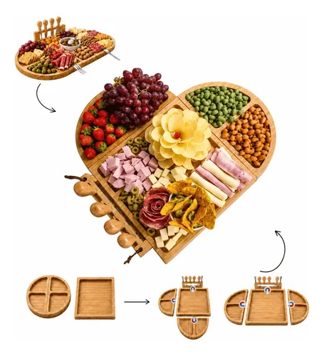 Lumai Petisqueira Magnética ​Tábua Para Queijos Frios E Aperitivos - Formato Modular Coração Com Imã - Bambu Premium... Marrom