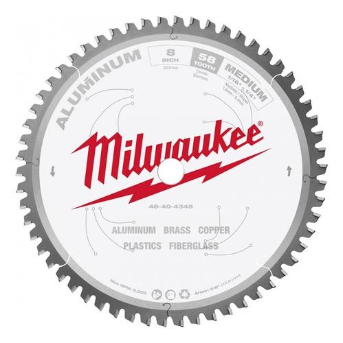 Lâmina de serra circular de alumínio ideal Milwaukee 58d 203mm X5/8