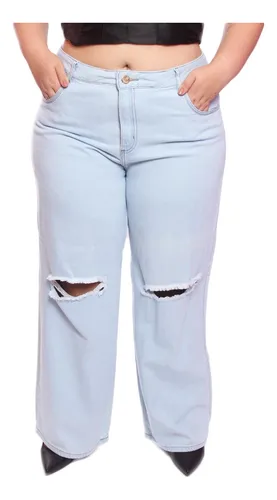 Calça wide leg jeans plus size destroyed cintura super alta - R$ 139.88,  cor Azul (pantalona) #145647, compre agora