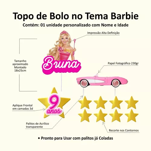 Topo De Bolo Feminino Da Barbie Personalizado Com Nome Idade