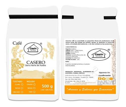 Imagen 2 de 3 de Café Tostado Y Molido - Casin De Puebla - Casero - 1 Kg