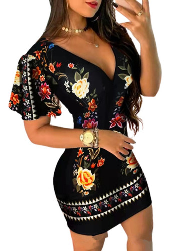 Vestido Ajustado Con Cuello En V Y Estampado Floral Para [u]