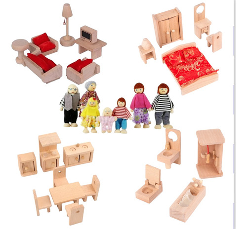 Completo Set  Muebles Madera Para Casa Muñecas  + Familia