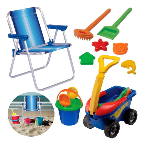 Cadeira De Praia Infantil + Baldinho Areia, Pazinha, Rastelo