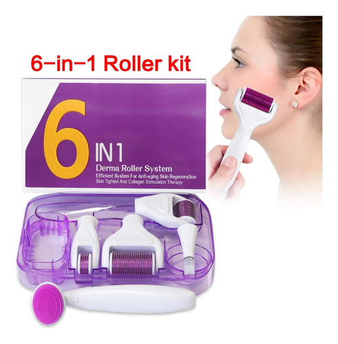 6 En 1 Derma Roller Micro-aguja Kit Con 5 Cabezales De Rodil