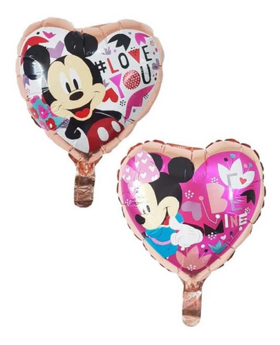2 Globos Mickey Y Minnie Corazón Borde Gold Rose