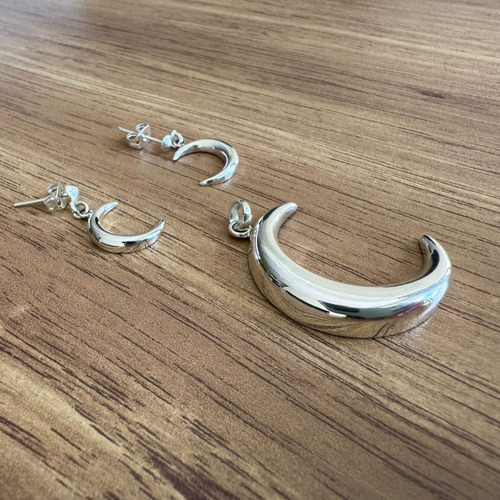 Dije Y Aretes Luna Lisa De Plata .925 Mujer Agálea