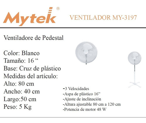 Ventilador De Pedestal Mytek 16 Pulgadas Mod 3197 Ajustable