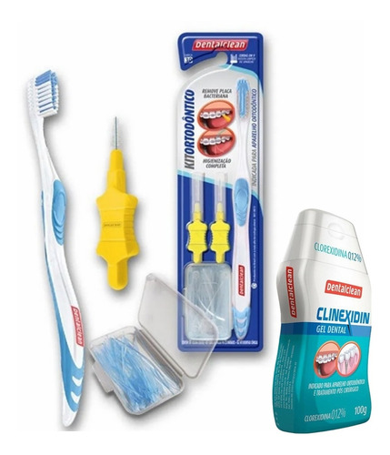 Kit Orto Escova Azul + Interdental + Passa Fio + Gel Dental