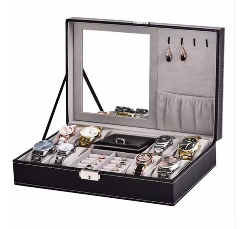 Caja Joyero Con Espejo, 8 Relojes ,anillos,cadenas Y Aretes