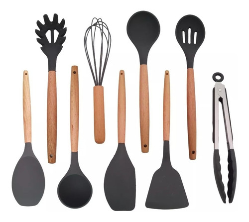 Kit X12 Utensillos Cocina Set Premium De Silicona Y Madera