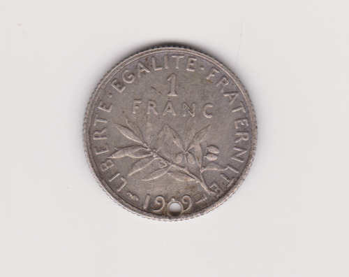 Moneda Francia 1 Franco Año 1919 Plata Muy Buena + Perforada (Usado)